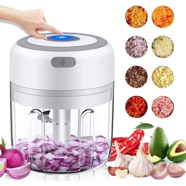 Tocator electric pentru usturoi, 250ml, USB reincarcabil, lame din otel inoxidabil, alb roz verde