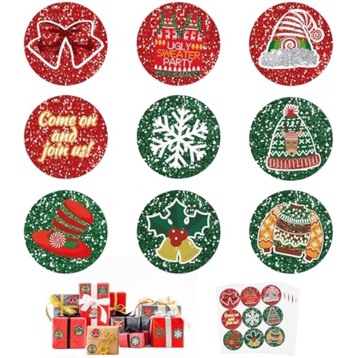 Set etichete autoadezive Craciun, 360 bucati, 9 modele, 3.8 cm, colorate, pentru cadouri si felicitari