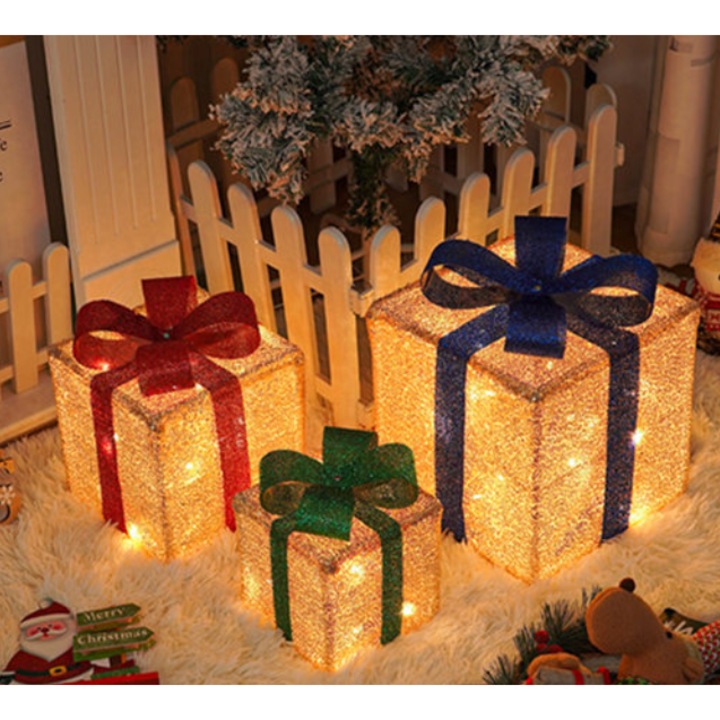 Set cutii cadou decorative Craciun cu luminite, 12-18-66 LED-uri, 25.5x20.5x15.15cm, alb cald si alb electric