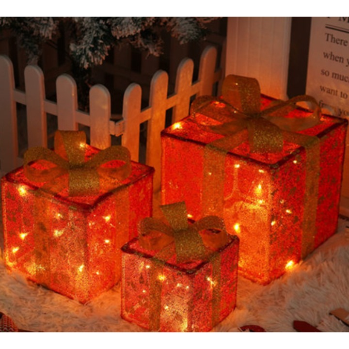 Set cutii cadou decorative Craciun cu luminite LED, 12-46 LED-uri, 25.5x20.5x15.15cm, culori variate