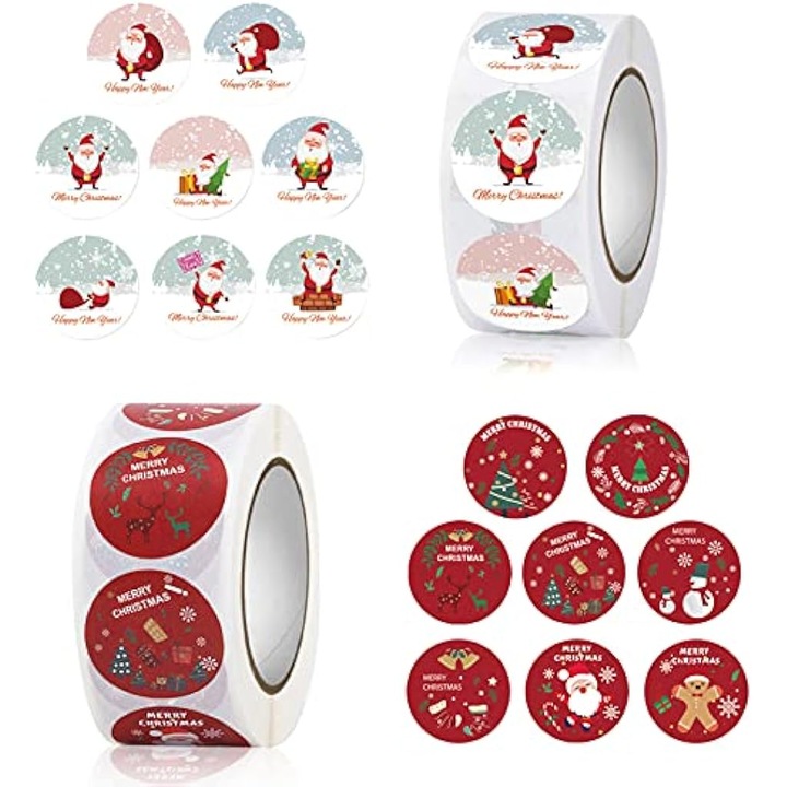 Set stickere decorative de Craciun, 2 role, tematica festiva, multicolor, 1000 bucati