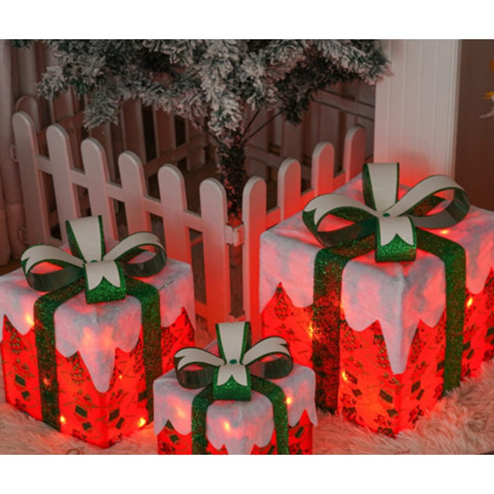 Set cutii cadou decorative Craciun cu luminite LED, 12/18/90 lumini, 25.5x20.5x15.15cm, alb cald si alb solid