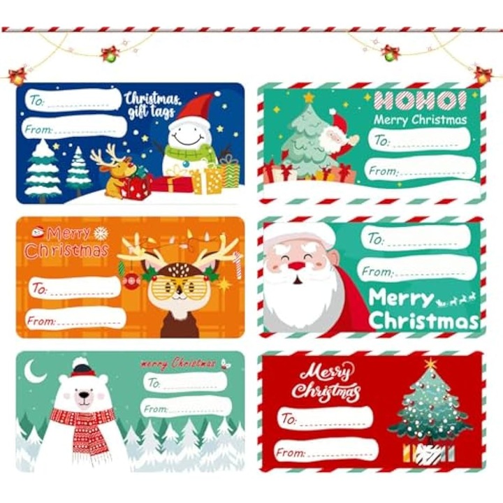 Set etichete autoadezive de Craciun, design clasic, 60 foi, motive cu Mos Craciun si fulgi de zapada, multicolor