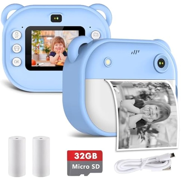 Camera instantanee pentru copii, 12MP, 1080p HD, zoom digital 16x, culoare albastra, set cu card de 32GB