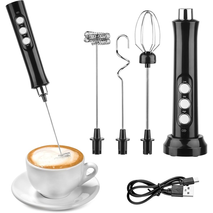 Frother electric de lapte, 3 viteze, reincarcabil USB, cu 3 capete detasabile, pentru bauturi, 1200mAh
