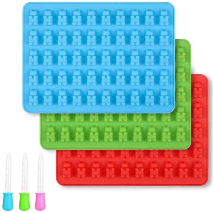 Set 3 forme prajituri din silicon pentru gummy bears, cu pipete, multicolor, 18.5x13.5x1cm