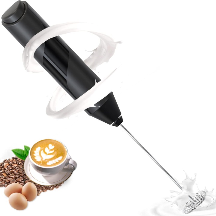 Frother de lapte portabil, 3 viteze, cu tel, pentru cafea si matcha, negru, alimentat cu baterii AA