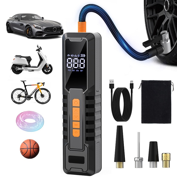 Hordozható pumpa, 19 henger, 0-150PSI, 2000mAh akkumulátor kapacitás, világítás, kettős digitális kijelző