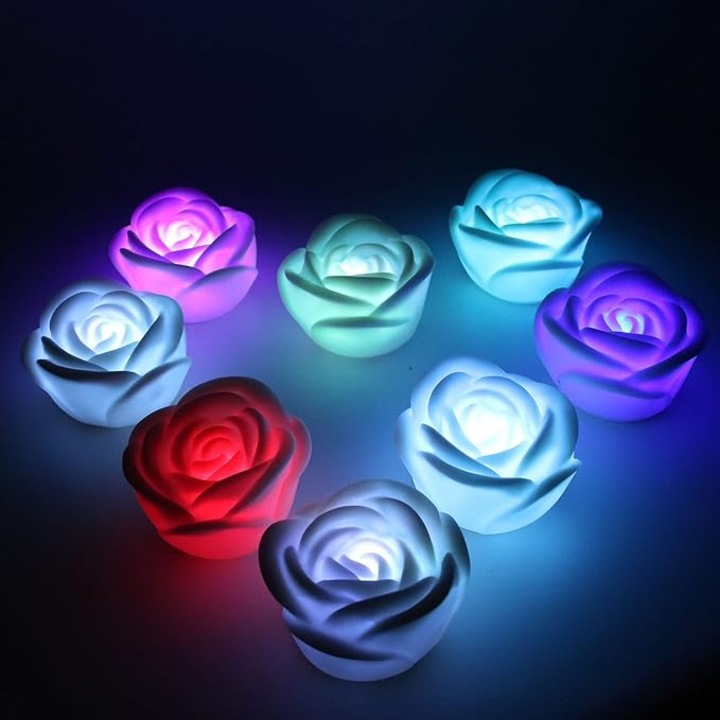 Set de 8 lumanari LED in forma de trandafir, lumini colorate, decorative pentru evenimente, reutilizabile