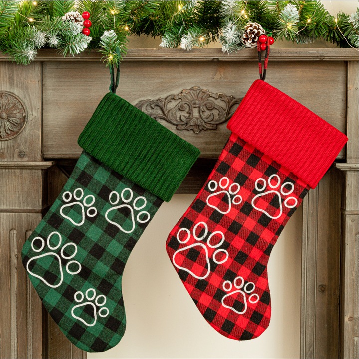 Ciorapi de Craciun cu imprimeu labe, set 2 piese, decoratiuni DIY, carouri