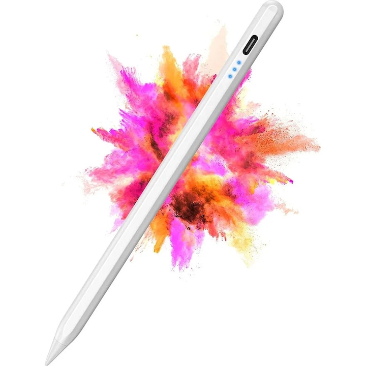 Stylus digital pentru iPad, 2018-2022, 1.5mm varf POM, design magnetic, incarcare rapida Type-C, culoare argintie