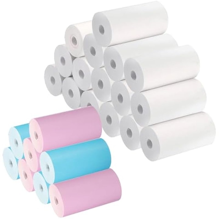 Set 24 role hartie termica pentru imprimante mini, 16 role albe, 4 role albastre, 4 role roz, 57x30mm