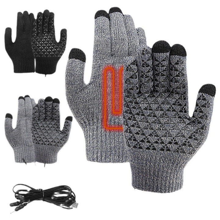 Manusi sport incalzite USB, gri, lavabile, pentru touchscreen, set