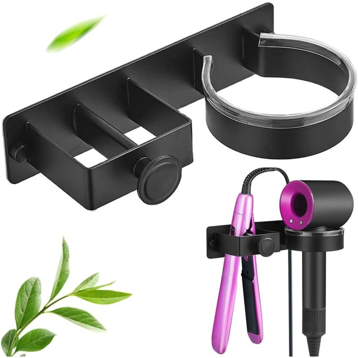 Suport pentru uscator de par si indreptat par, inox SUS304, instalare fara gaurire, pentru baie, dimensiuni compacte