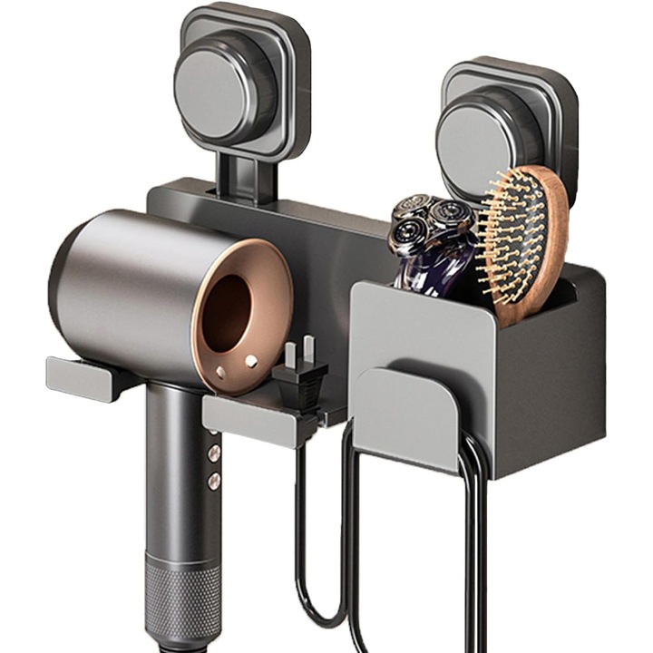 Suport pentru uscator de par fara gaurire, cu compartimente de stocare, gri inchis, 10cm