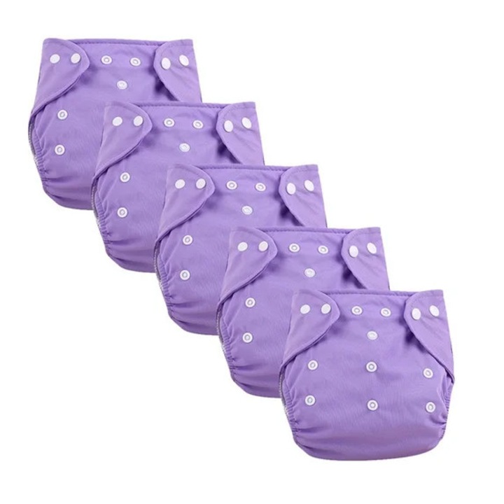 Scutece din material textil, set de 5 bucati, ajustabile, lavabile, reutilizabile, impermeabile, potrivite pentru baieti, 3x15kg, mov.