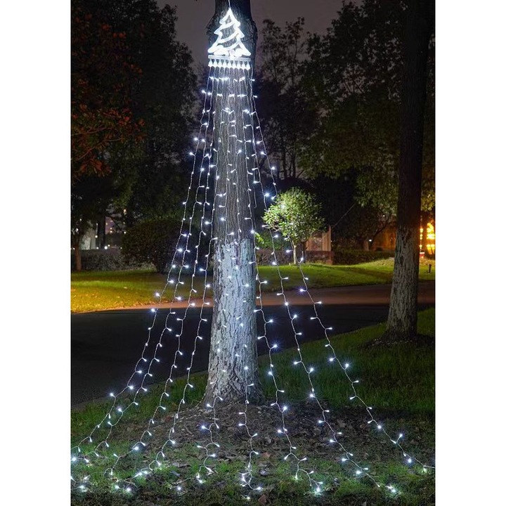 Instalatii de Craciun, lumini LED in forma de stea, 3.5 metri, 9 siruri, alb, pentru interior si exterior