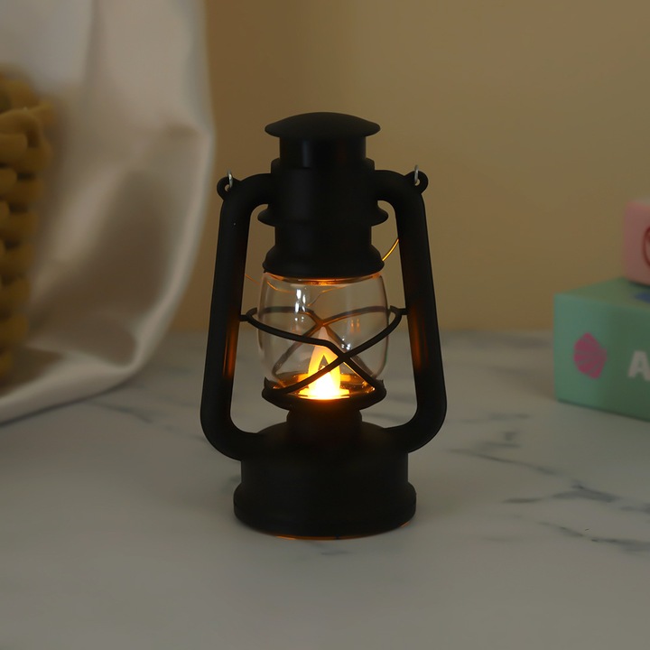 Lanterna retro mini, lampa LED, decorativa de Craciun, neagra, set de lumini ambientale