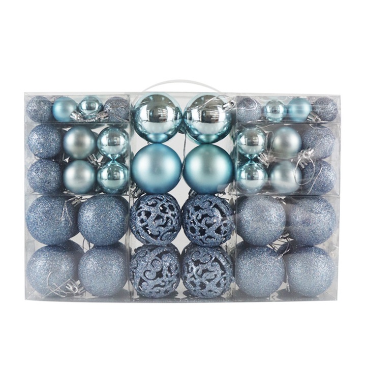 Set globuri de Craciun 100pcs, 3x4x6cm, plastic electroplacat, albastru gheata