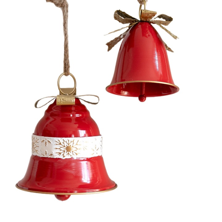 Decoratiuni Craciun, clopote din fier forjat, rosu, set