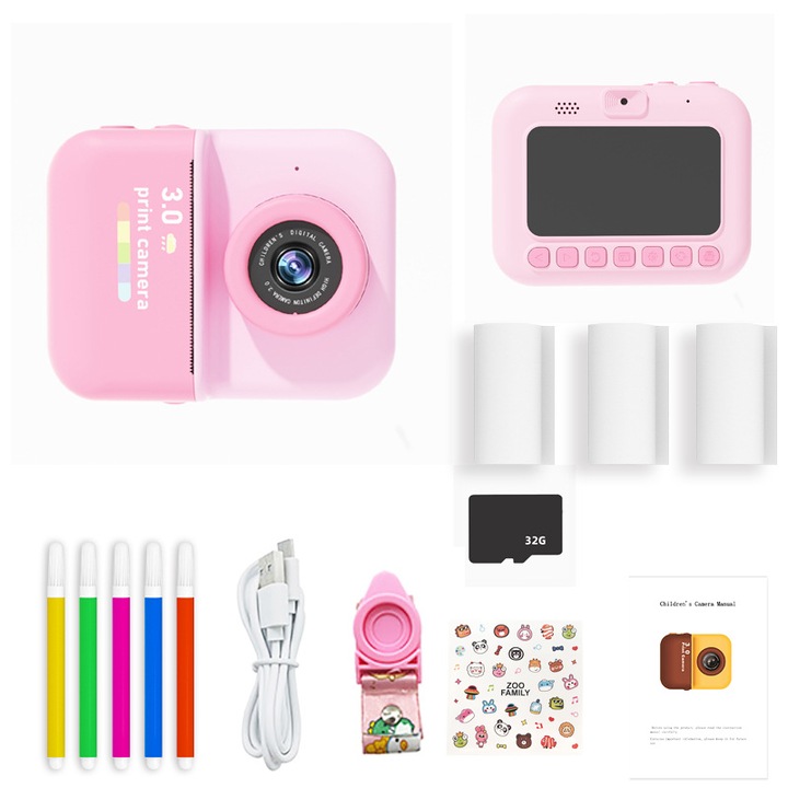 Camera instantanee pentru copii, 48MP, ecran IPS, duala, verde, set cu rola de hartie si card de memorie 32GB