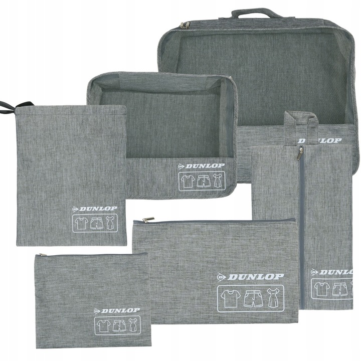 Utazásszervező készlet, Dunlop, nylon, 6 praktikus rekesz, ruhák és kiegészítők tárolása, helytakarékos bőrönd, ergonomikus kialakítás, tartós anyag, könnyen tisztítható, 6 darabos készlet, 40 x 30 x 10 cm, szürke