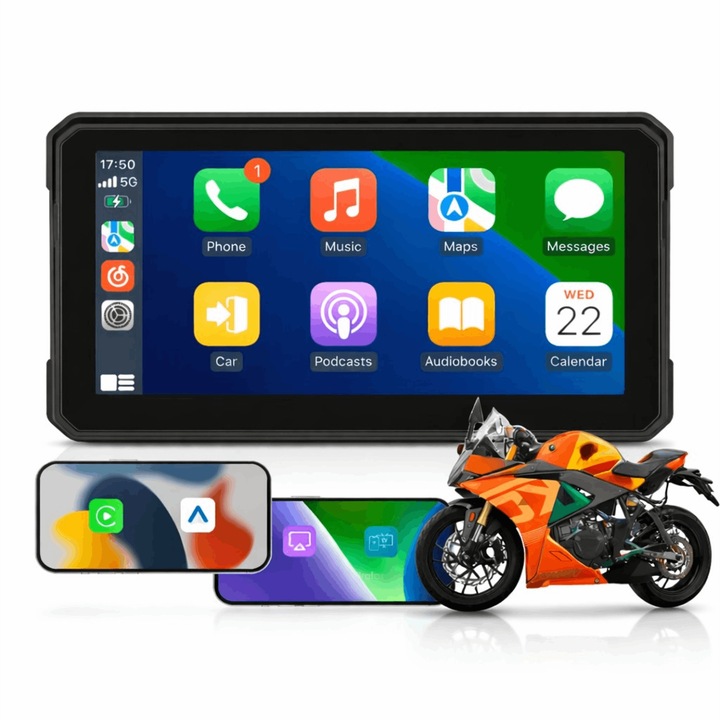 Ecran moto 6 inch CarPlay Android Auto GPS FARROT M590, Bluetooth, WiFi, IPX8 rezistent la apa