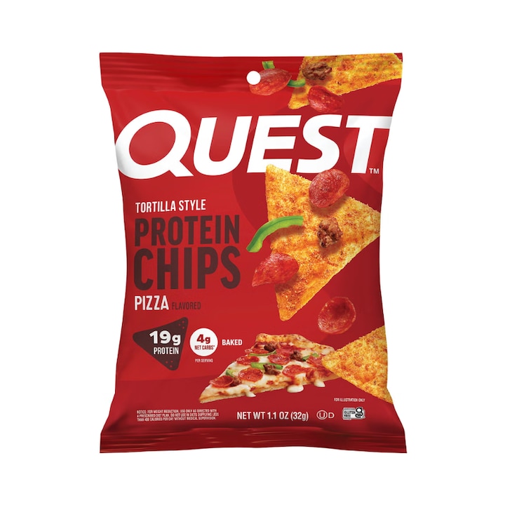 Chipsuri proteice Quest Tortilla Style, aroma de pizza, 32 g, 19 g proteina, 5 g carbohidrati