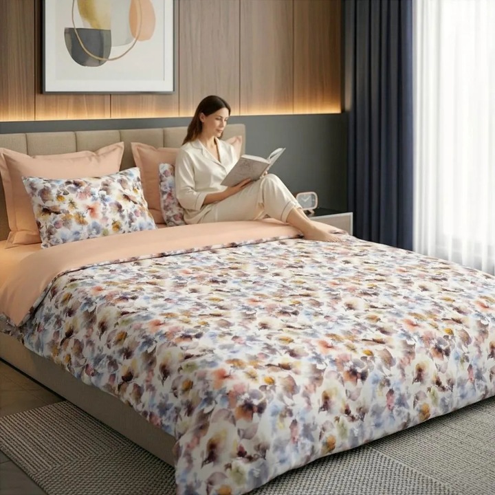 Lenjerie de pat Cotton Pro 100% bumbac King Size, doua fete – imprimare digitala (Eleganta Roz/Maro), Ralex Pucioasa