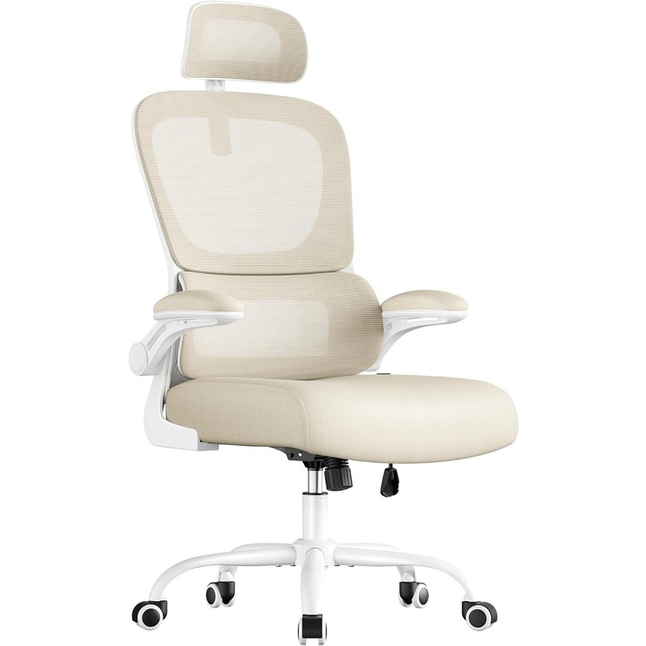 SONGMICS Scaun de birou ergonomic mesh, suport lombar dinamic, tetiera reglabila, 64x71.5x135 cm, bej