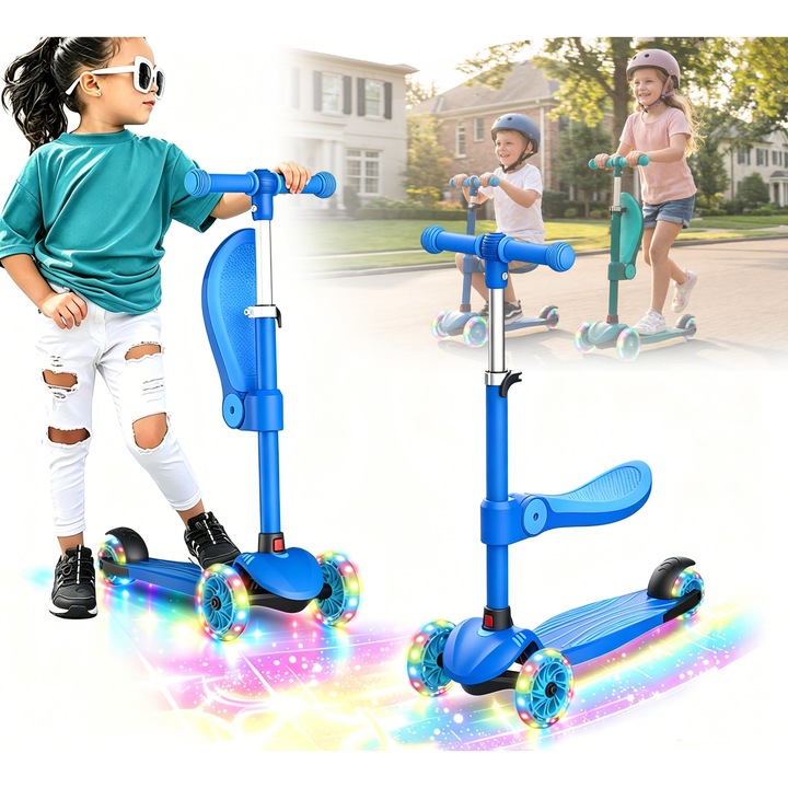 Gyermek roller üléssel, Shijooe, 3 az 1-ben, átalakítható, LED világító kerekekkel, összecsukható, állítható magasságú, levehető ülés, dönthető kormánymű, biztonságos fék és intelligens kormányzás, rugalmas, ABEC-7 csapágyak, 3-12 év, akár 60 kg