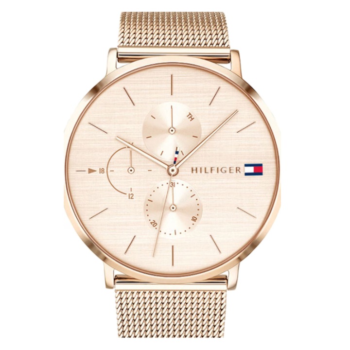 Tomy Hilfager, Exceptional si la moda Ceas analog, cu bratara cu aspect de plasa, 1781944 Auriu rose