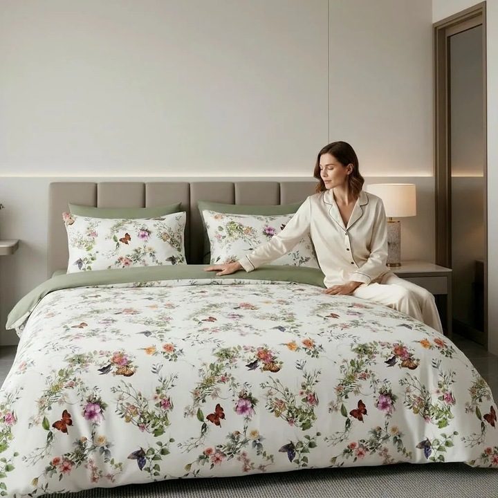 Lenjerie de pat Cotton Pro 100% bumbac King Size, doua fete – imprimare digitala (Fluturi Alb/Verde), Ralex Pucioasa