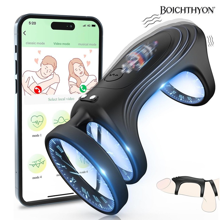 Boichthyon® Vibrációs Péniszgyűrű, szexuális játékok, 9 vibrációs móddal, mobilalkalmazás vezérléssel, késleltetett ejakulációs idő, erekció javítására, szilikon, könnyen tisztítható