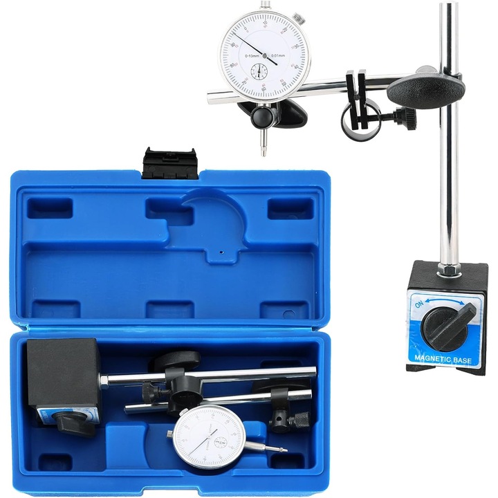 Индикатор за прецизност 0-10 мм, 0,01 мм, магнитна основа, 3 метода на фиксиране