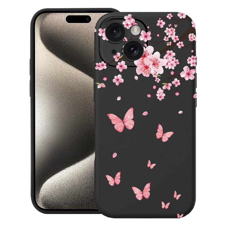 BestCase® Husa TPU Ultra Slim Compatibila cu Apple iPhone 13, Pink Cherry Blossom & Butterflies, 2077956 B 2045