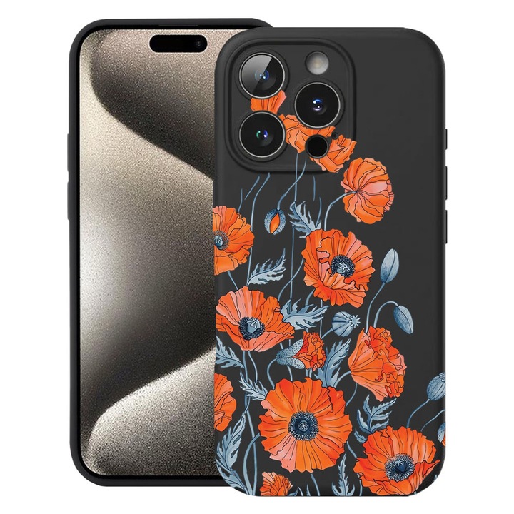 BestCase® Husa TPU Ultra Slim Compatibila cu Apple iPhone 15 Pro, Floral - Minimalist Poppy, 3137741 B 2057
