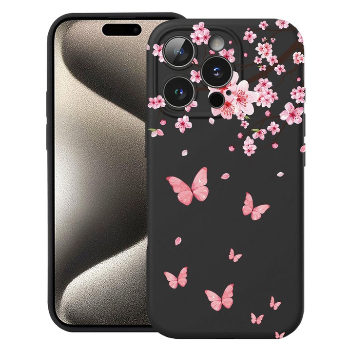 BestCase® Husa TPU Ultra Slim Compatibila cu Apple iPhone 15 Pro, Pink Cherry Blossom & Butterflies, 3137741 B 2045