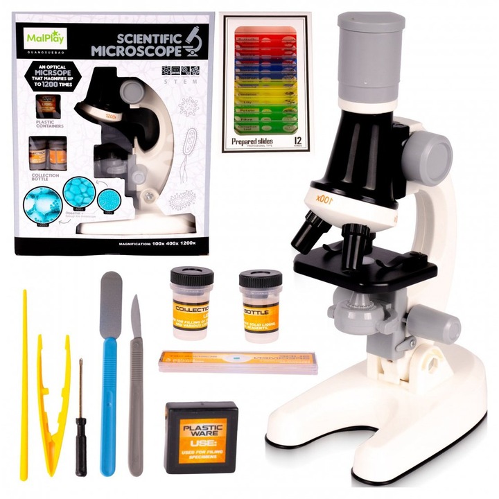 Microscop stiintific pentru copii Malplay, cu iluminare LED integrata, reglaj de precizie, marire 100x-1200x, dimensiune 23 x 13 x 8 cm