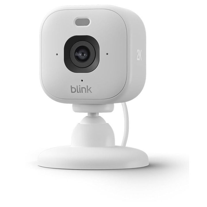 Camera de supraveghere Blink Mini 2K, rezolutie 2K, zoom 4X, vedere nocturna color cu LED, audio bidirectional cu anulare zgomot, functioneaza cu aplicatia Alexa, conectare la priza, alb