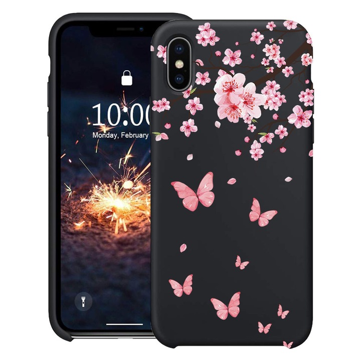 BestCase® Husa TPU Ultra Slim Compatibila cu Apple iPhone XS / X, Pink Cherry Blossom & Butterflies, 2078162 B 2045