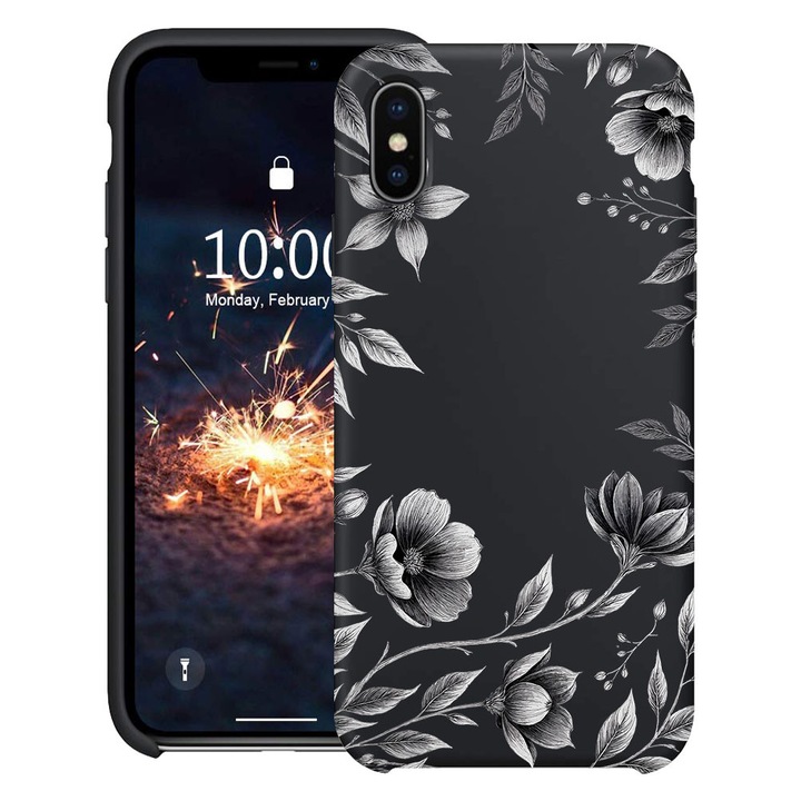 BestCase® Husa TPU Ultra Slim Compatibila cu Apple iPhone XS / X, Black Floral, 2078162 B 2035