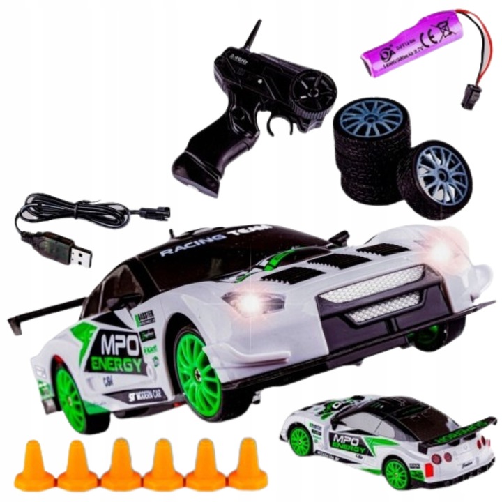 Poves Nissan GT-R RC drift autó, 4x4, 15 km/h, fehér fekete-zöld részletekkel, 1:24, komplett szett