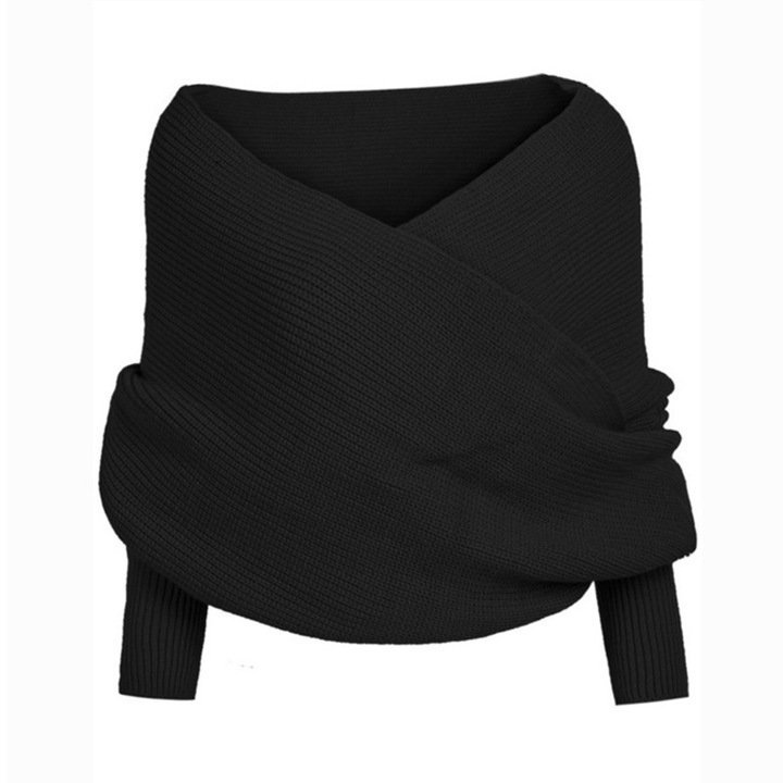 Esarfa cu maneci pentru femei, neagra, 220x50cm, material acrilic, design elegant si versatil