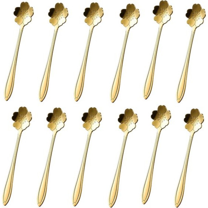 Set 12 linguri de cafea din otel inoxidabil, design floare, aurii