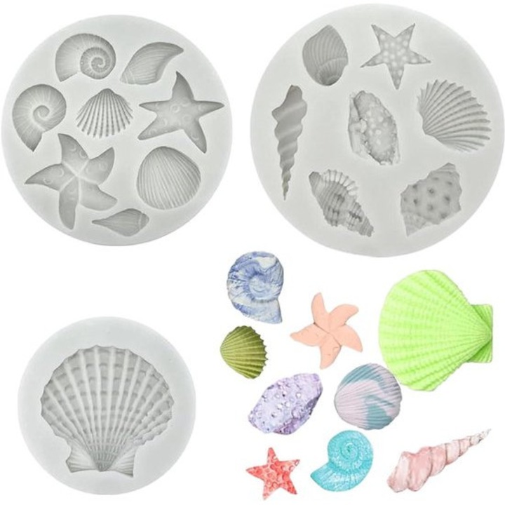 Set de forme prajituri din silicon, modele oceanice, 3 piese, multicolor