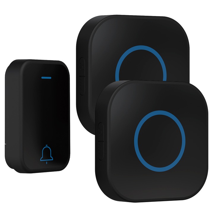 Sonerie wireless, 1 buton, 2 receptoare, alimentare cu baterii, 4 niveluri de volum, 38 melodii, neagra