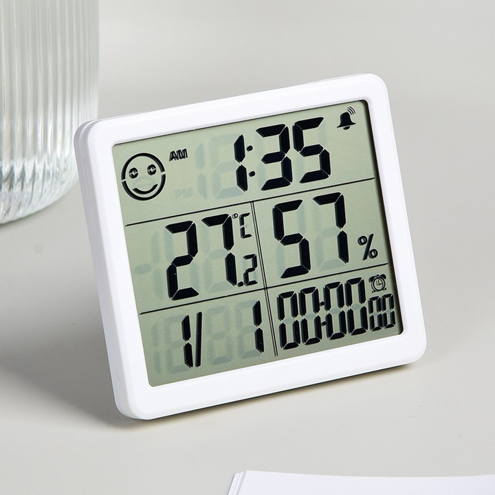 Többfunkciós digitális hőmérő, fehér, higrométerrel, falra szerelhető kivitel, 45°-os dőlésszög