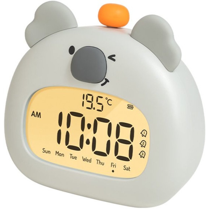 Ceas desteptator digital pentru copii, capybara, lumina de noapte, functie snooze, incarcare USB-C, gri