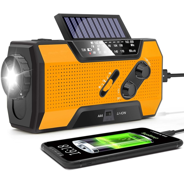 Radio de urgenta cu alimentare portabila, 2000mAh, functie de lanterna, port USB, alimentare solara si manivela, portocalie